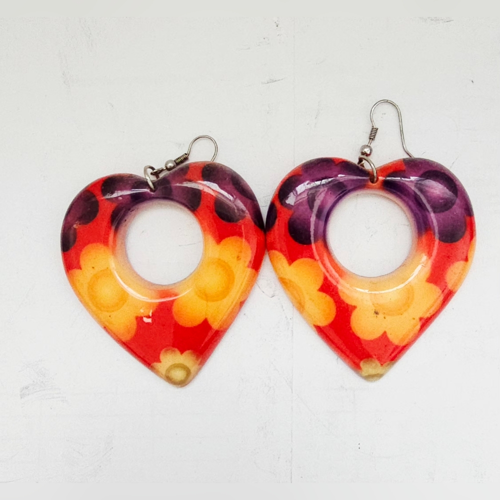 Heart-Shaped Floral psychedelic Earrings - Multicolor - Picture 2 of 7